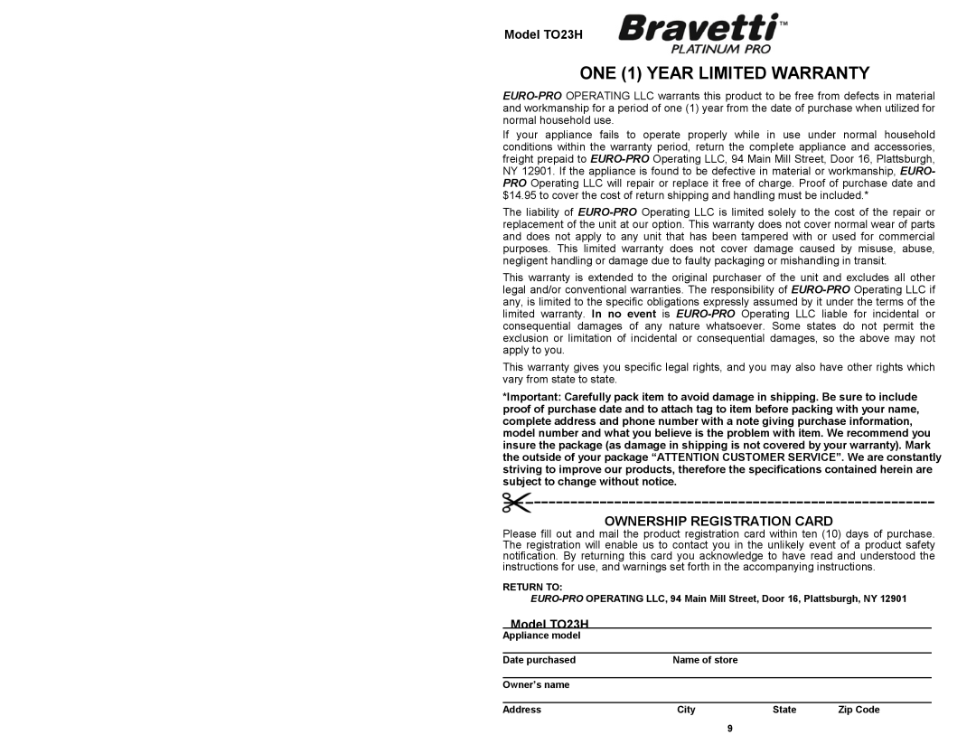 Bravetti owner manual Ownership Registration Card, Model TO23H, ONE 1 YEAR LIMITED WARRANTY 