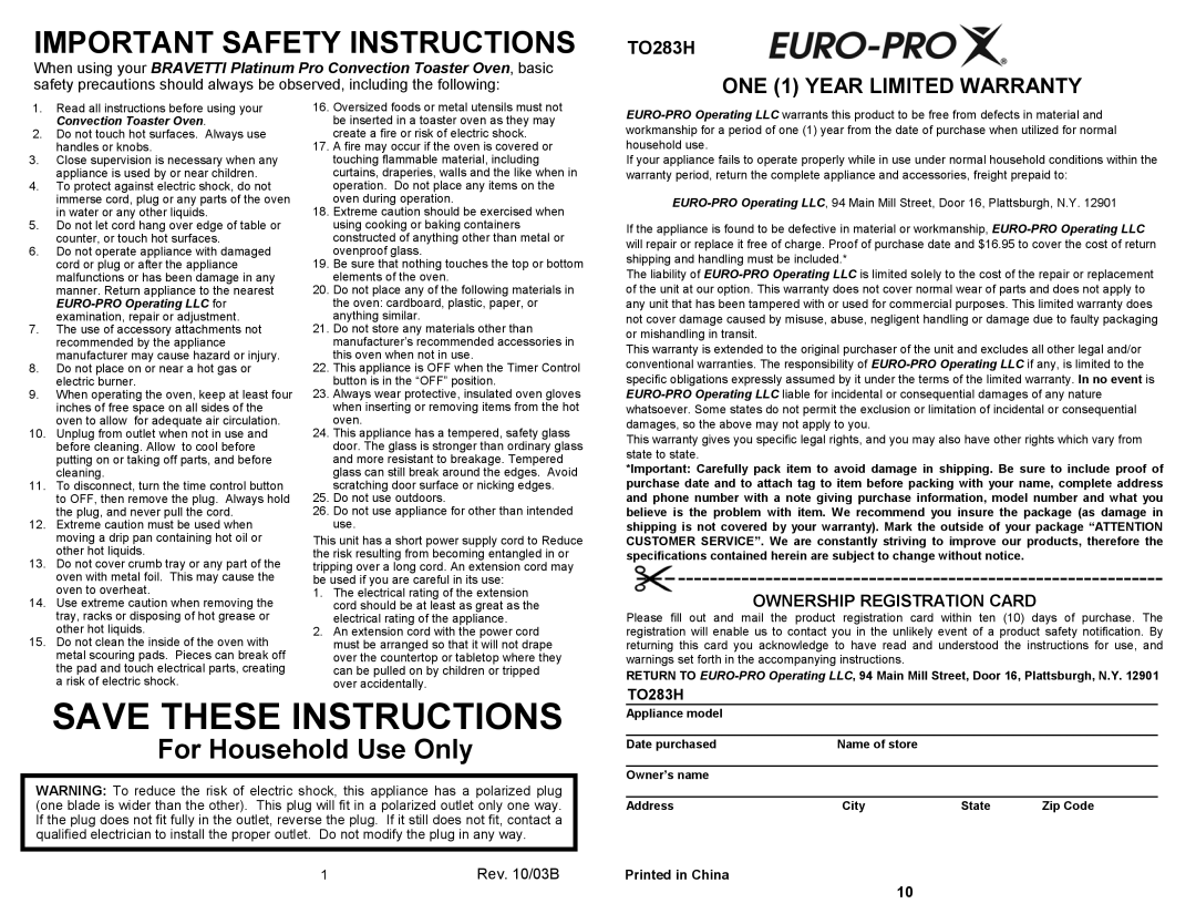 Bravetti TO283H owner manual Important Safety Instructions 