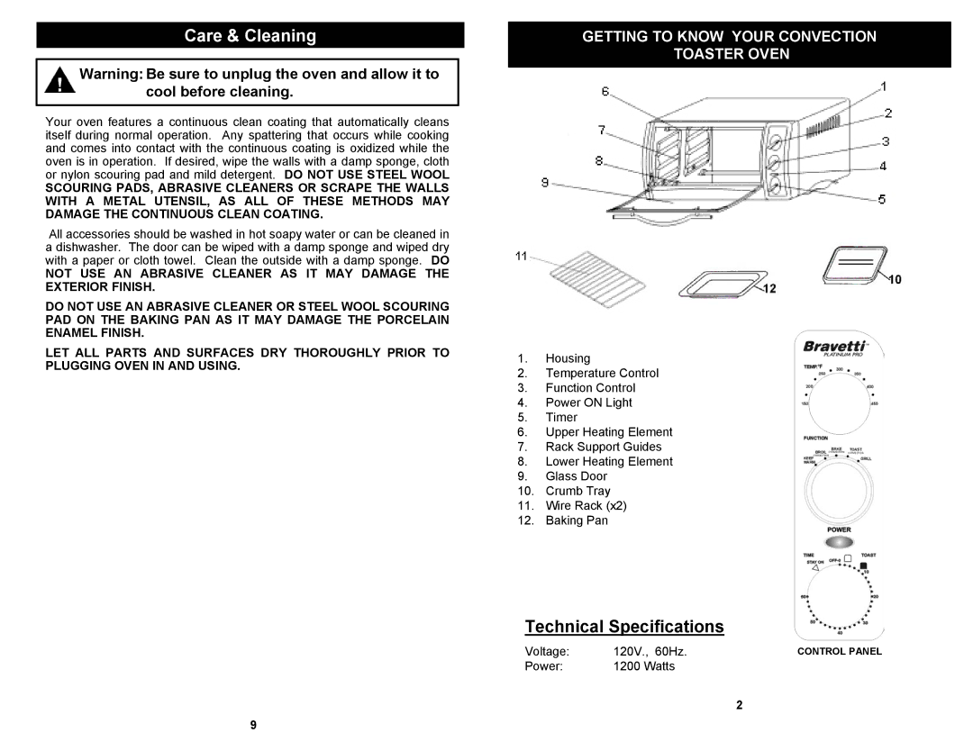 Bravetti TO283H owner manual Care & Cleaning, Technical Specifications 