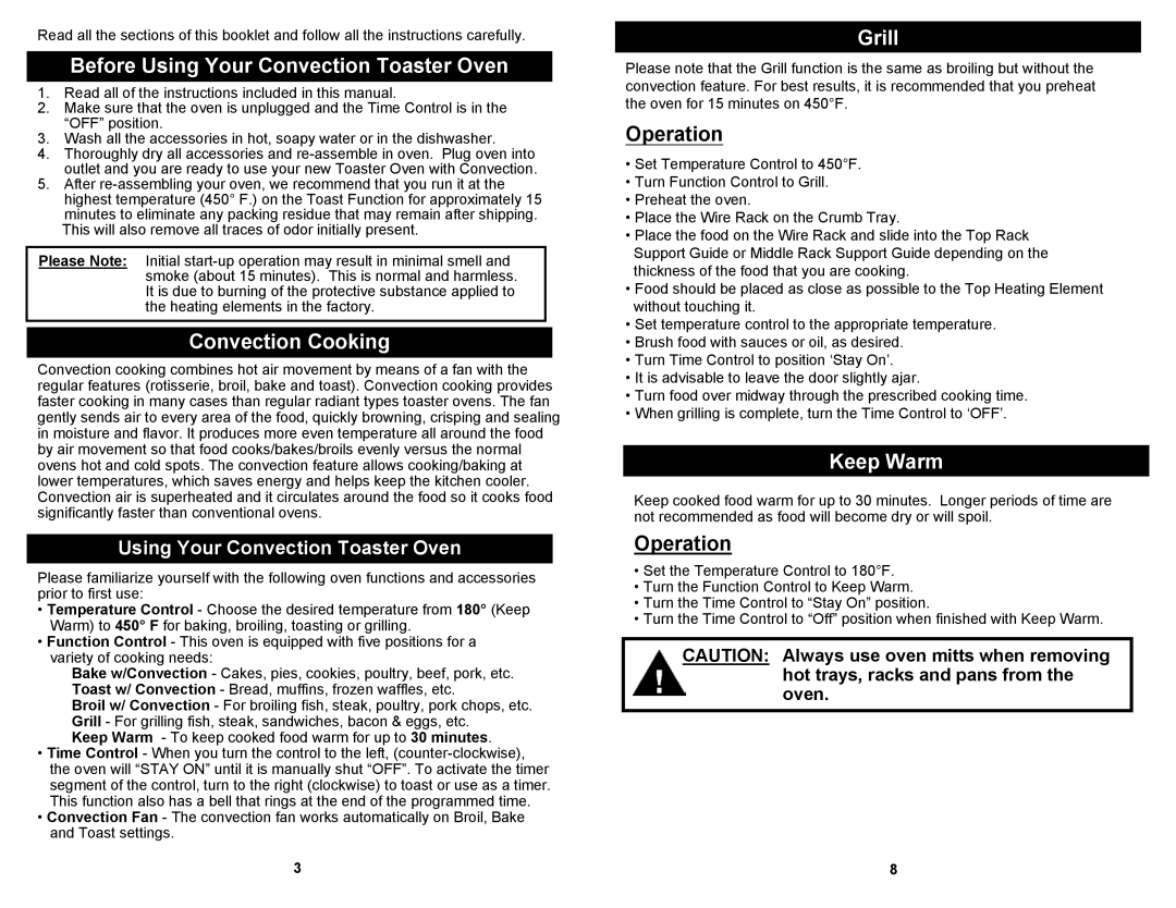 Bravetti TO283H owner manual Before Using Your Convection Toaster Oven, Convection Cooking, Grill, Operation, Keep Warm 