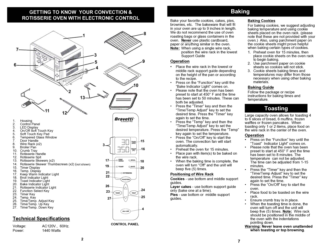 Bravetti TO320H owner manual Toasting, Baking Guide 