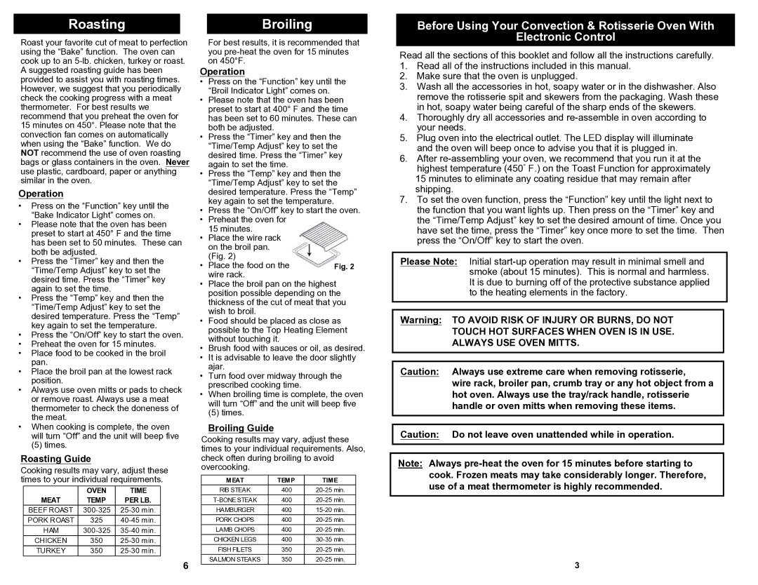 Bravetti TO320H owner manual RoastingBroiling, Roasting Guide, Broiling Guide 