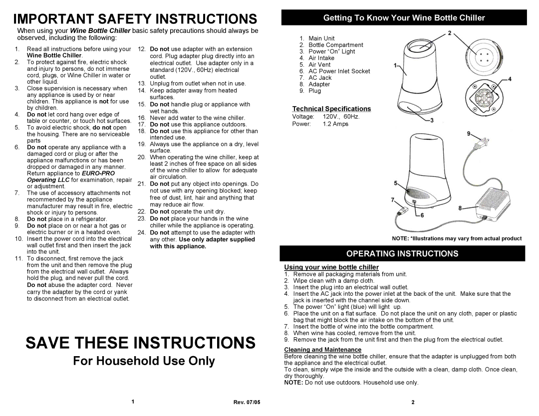 Bravetti WC213H Important Safety Instructions, For Household Use Only, Getting To Know Your Wine Bottle Chiller 