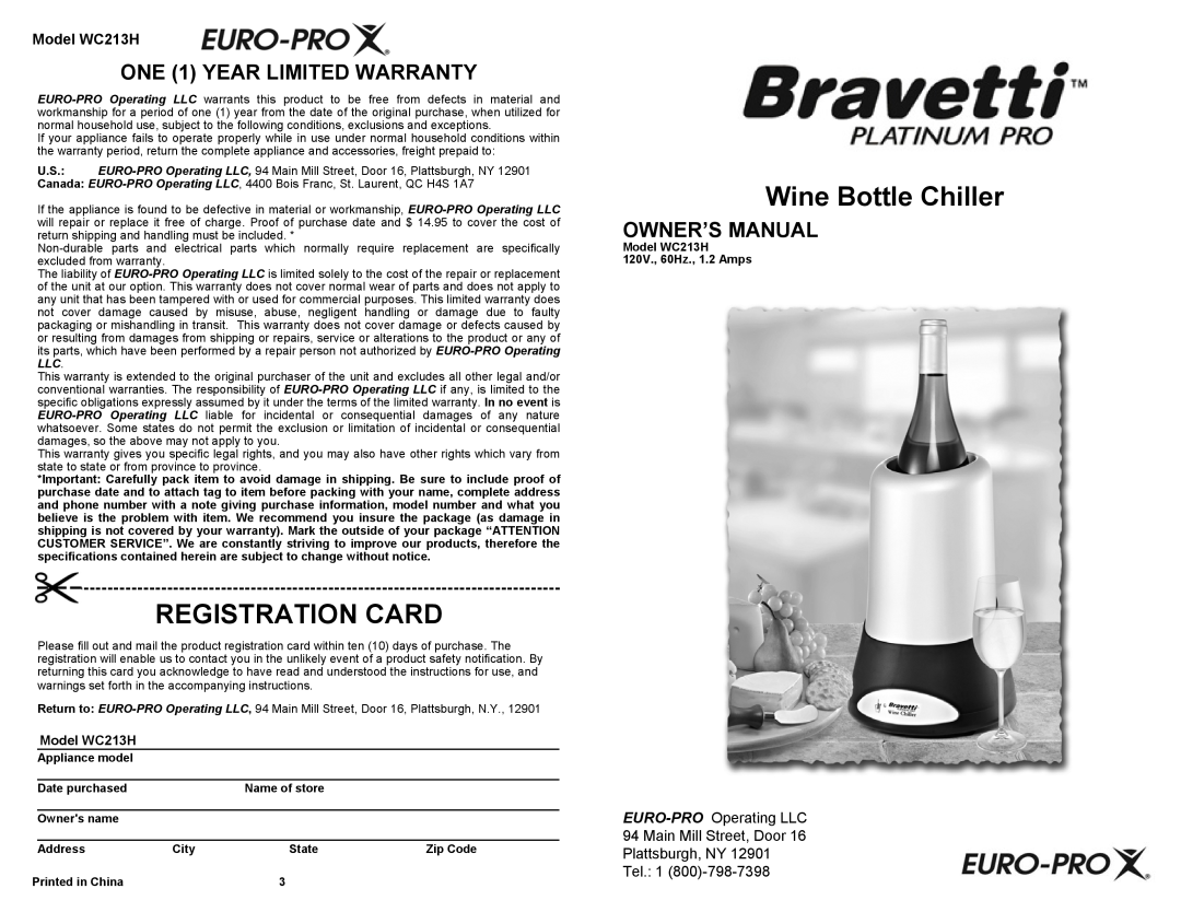 Bravetti owner manual Registration Card, Wine Bottle Chiller, Model WC213H, Plattsburgh, NY Tel 