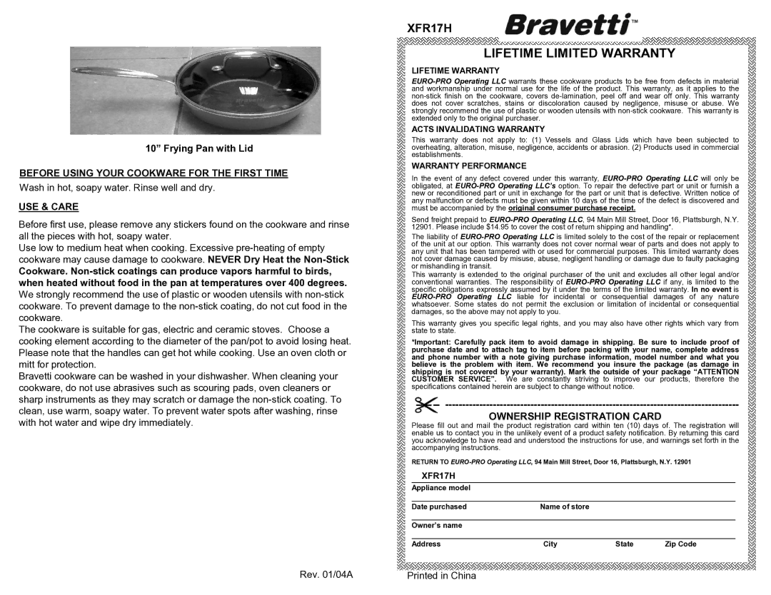 Bravetti XFR17H Lifetime Limited Warranty, Ownership Registration Card, Before Using Your Cookware for the First Time 