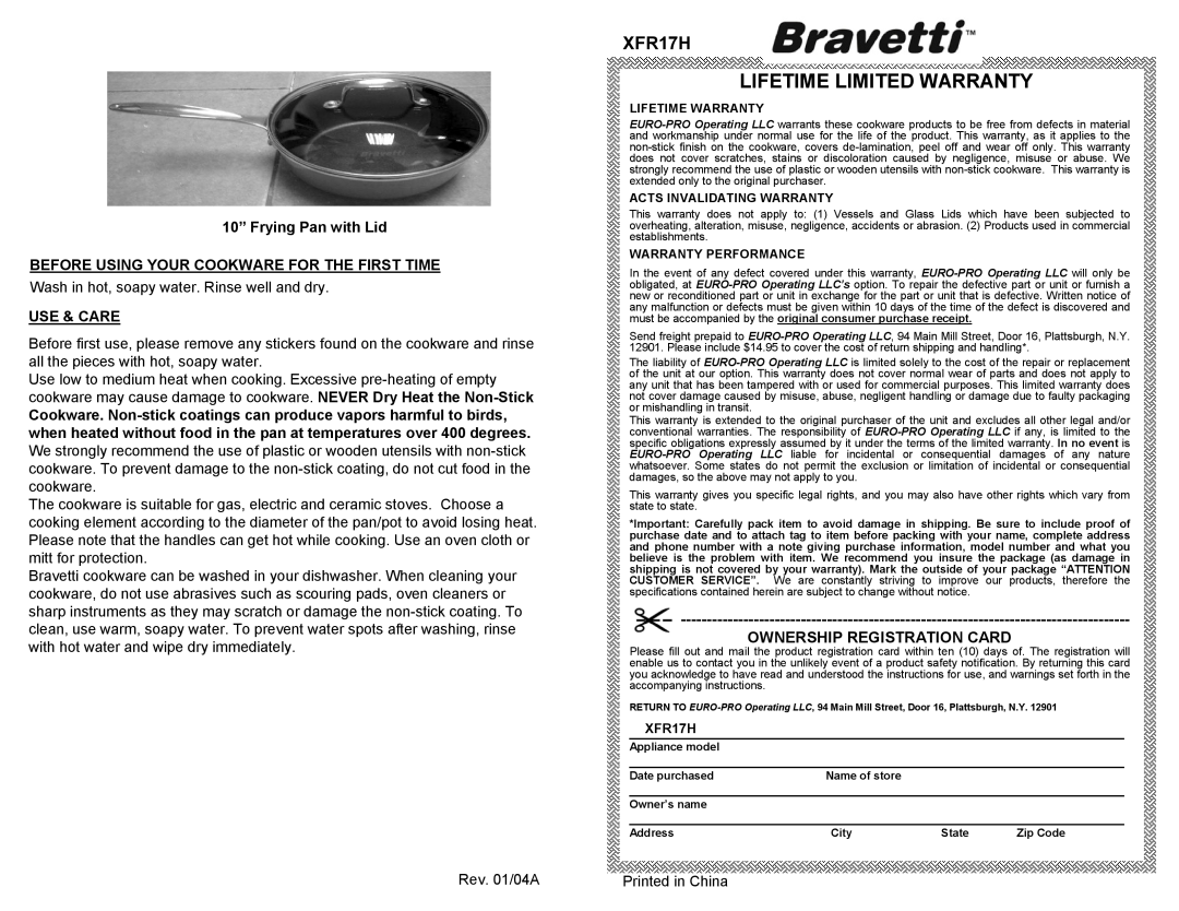 Bravetti XFR17H owner manual Lifetime Limited Warranty, Ownership Registration Card, 10” Frying Pan with Lid, Use & Care 
