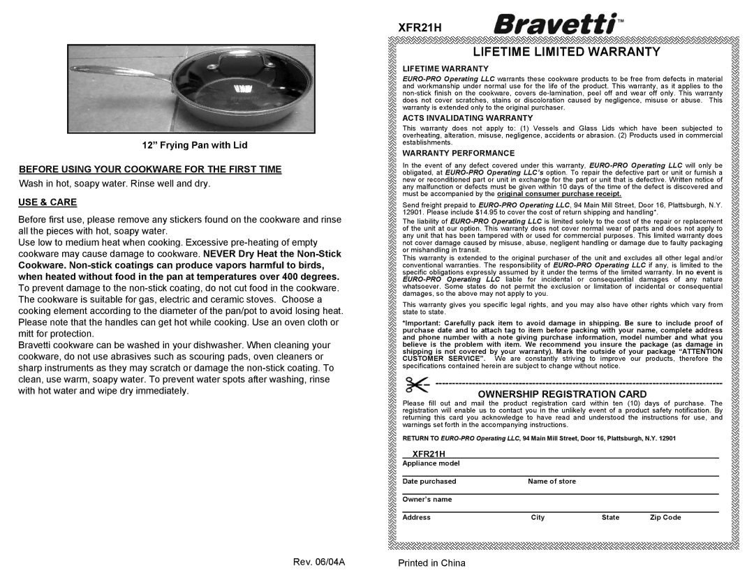 Bravetti XFR21H Lifetime Limited Warranty, Ownership Registration Card, Before Using Your Cookware for the First Time 