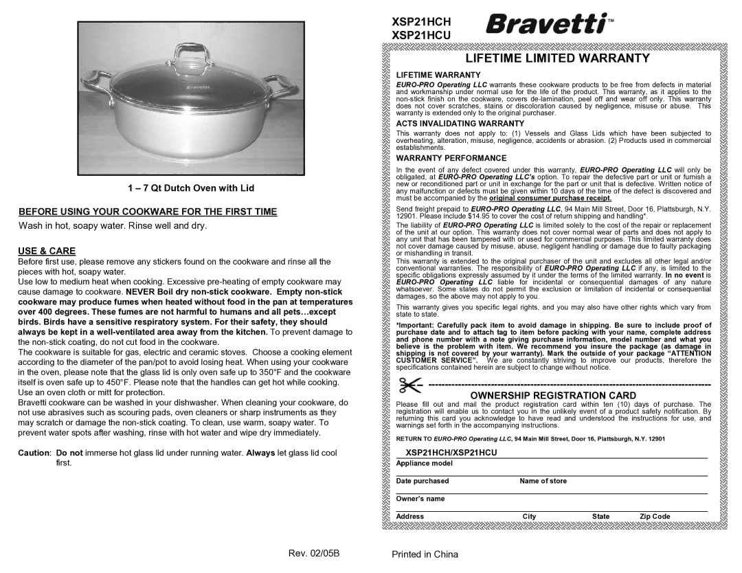 Bravetti XSP21HCH Lifetime Limited Warranty, Ownership Registration Card, Before Using Your Cookware for the First Time 