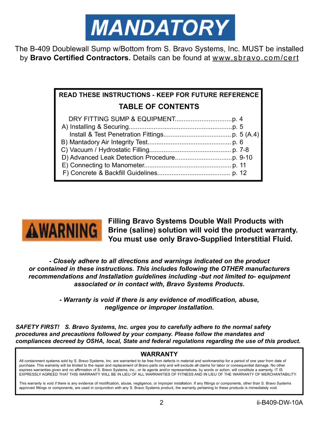 Bravo View B409 installation instructions Table of Contents 