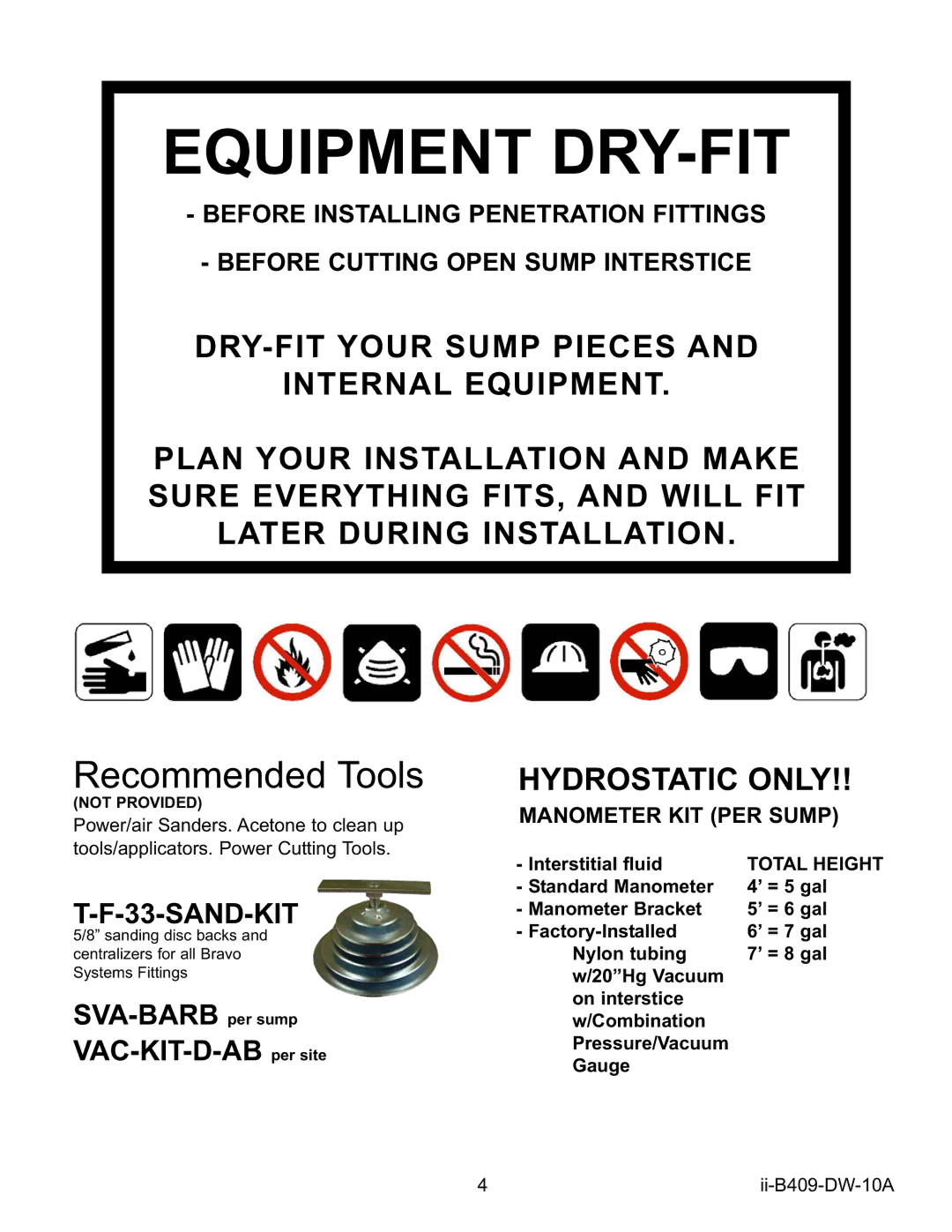 Bravo View B409 installation instructions Equipment DRY-FIT, Sand-Kit 