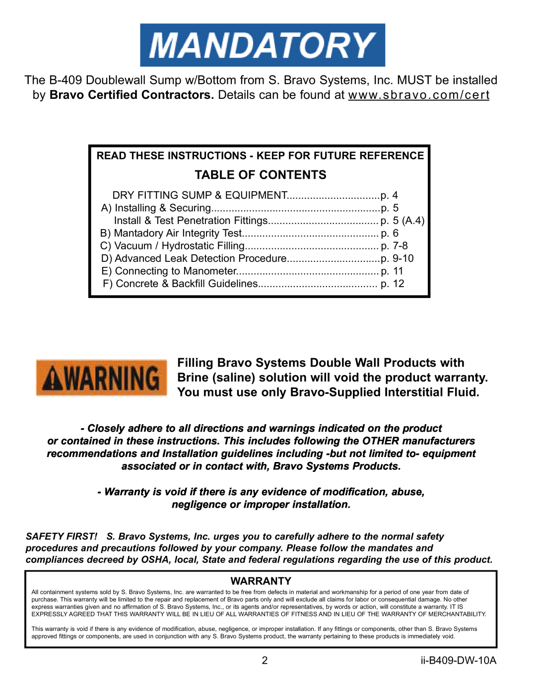 Bravo View B409 installation instructions Table Of Contents, Filling Bravo Systems Double Wall Products with, Warranty 