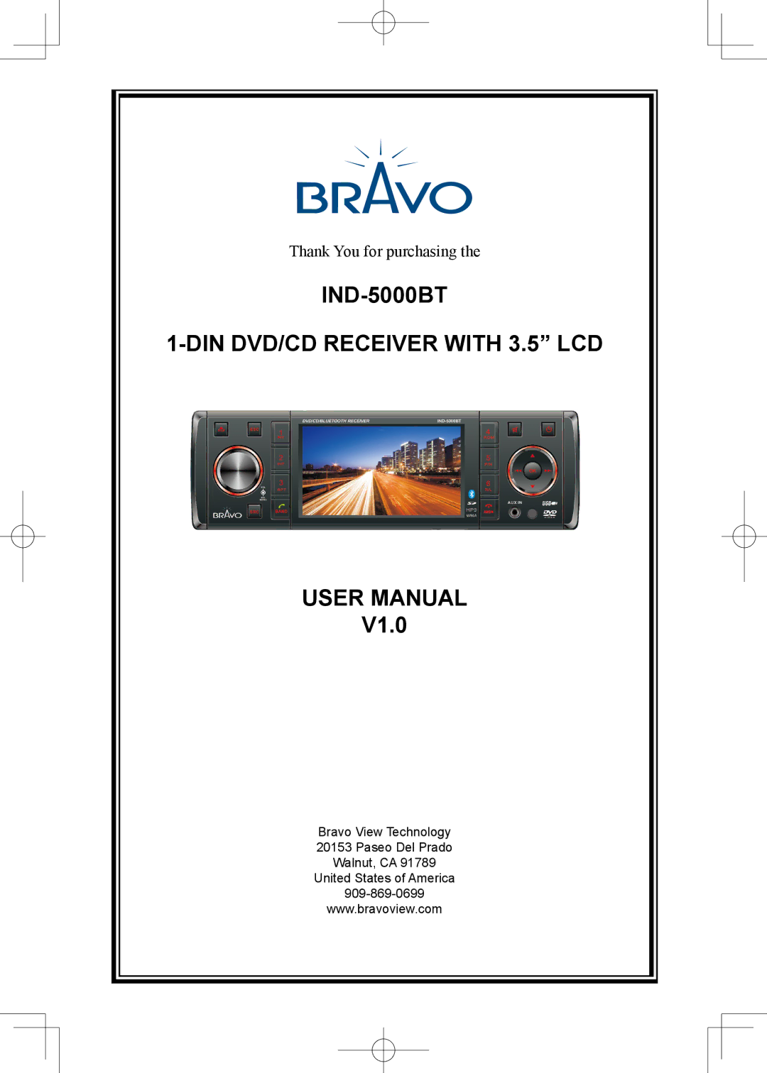 Bravo View IND-5000BT user manual DIN DVD/CD Receiver with 3.5 LCD 