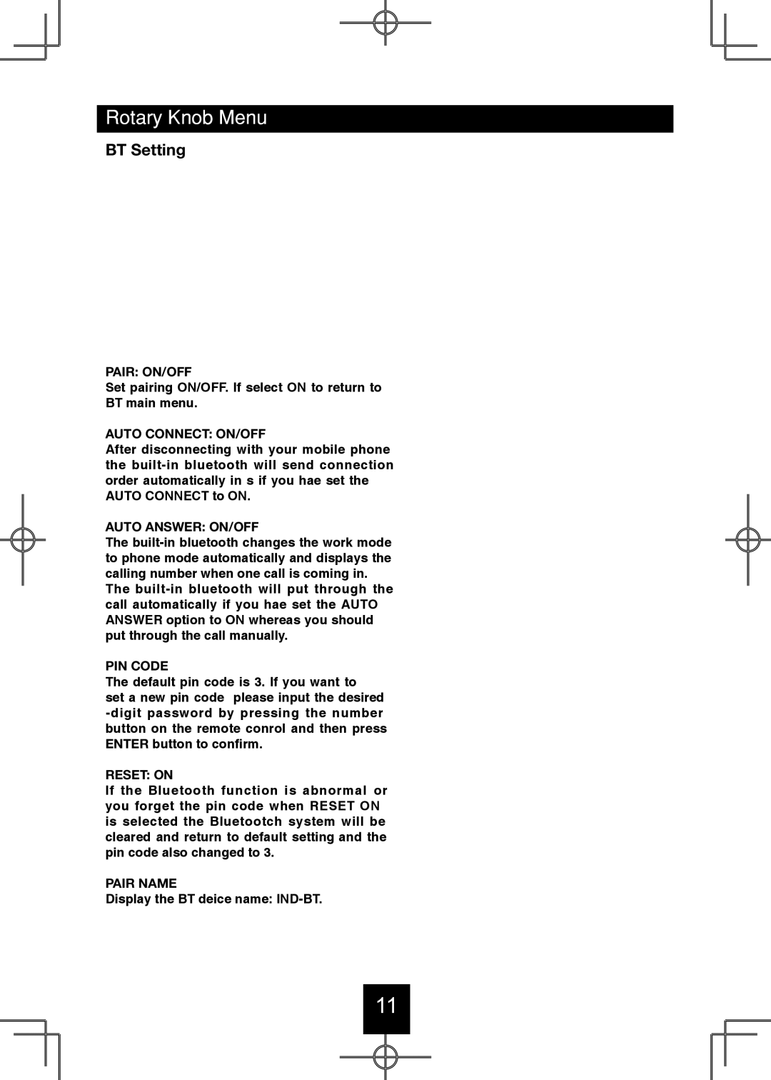 Bravo View IND-5000BT user manual BT Setting 