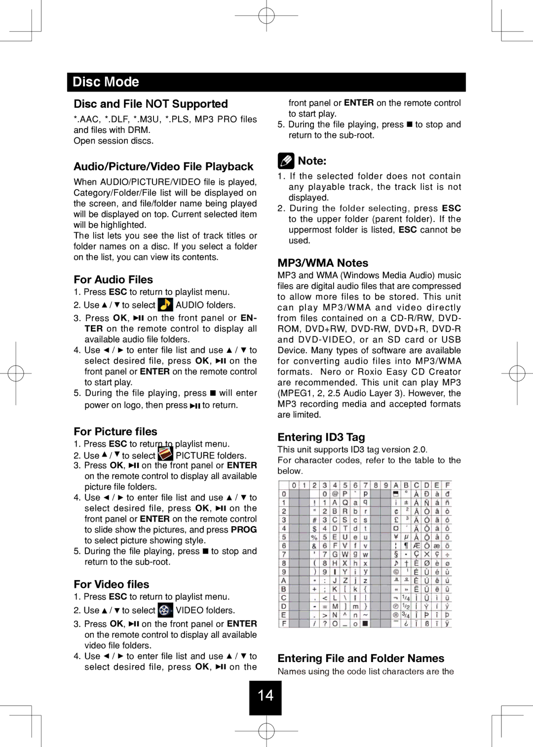 Bravo View IND-5000BT user manual Audio/Picture/Video File Playback, For Audio Files, For Picture files, For Video files 