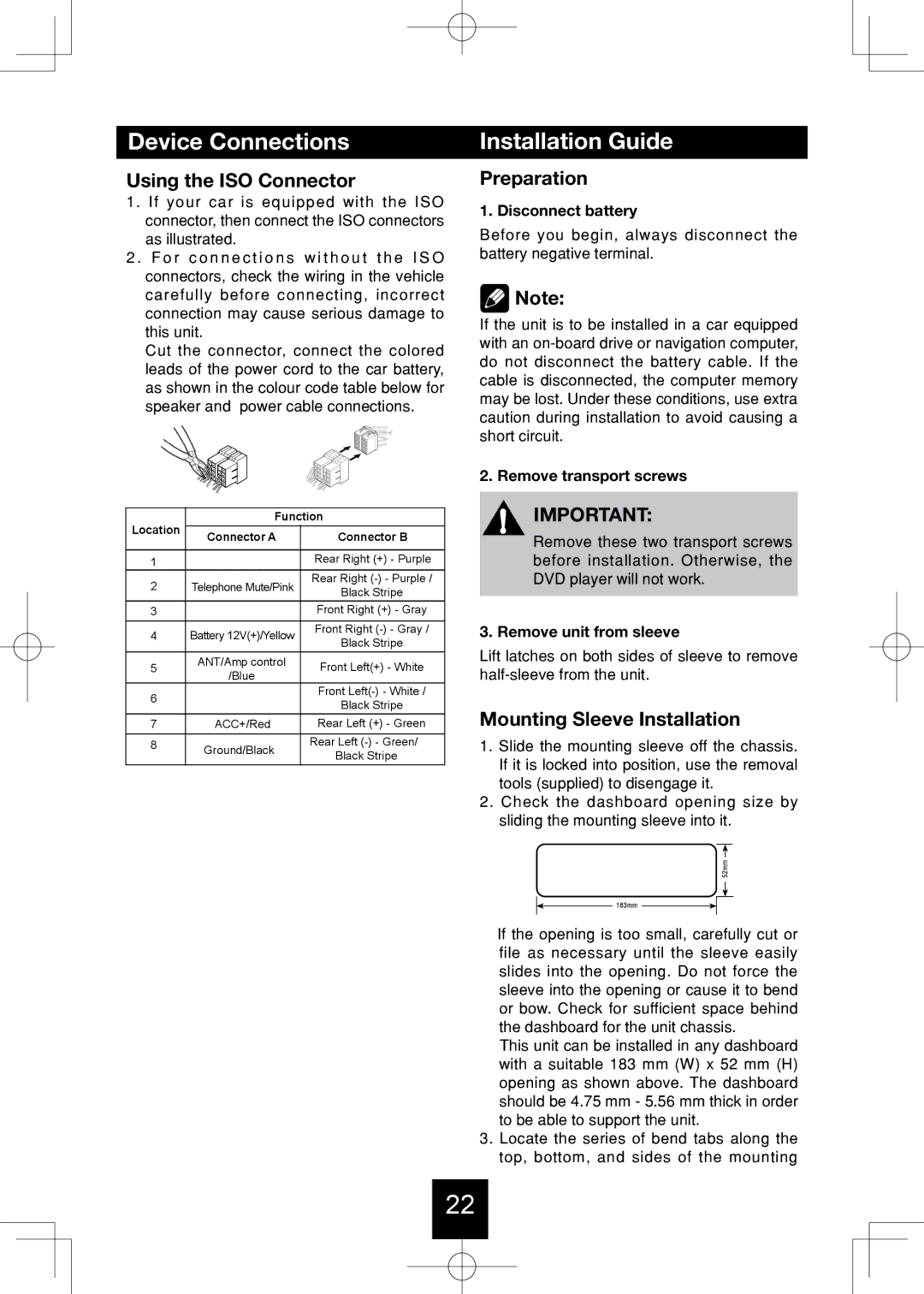 Bravo View IND-5000BT user manual Installation Guide, Using the ISO Connector, Preparation, Mounting Sleeve Installation 