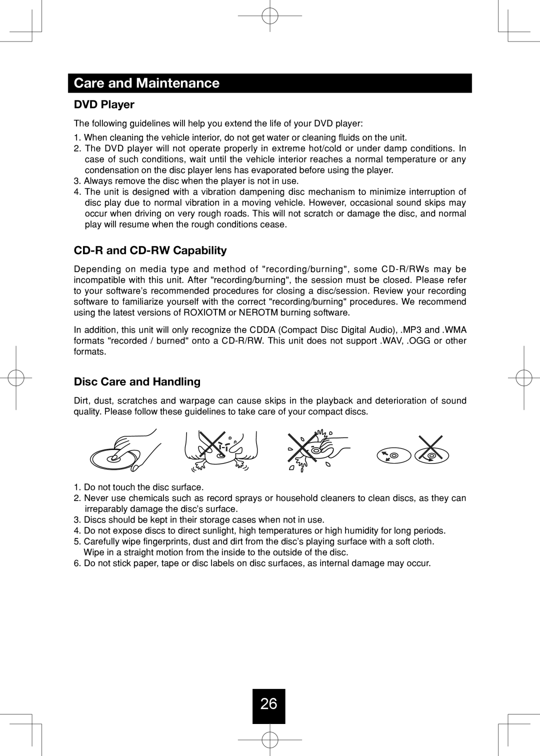 Bravo View IND-5000BT user manual Care and Maintenance, DVD Player, CD-R and CD-RW Capability, Disc Care and Handling 