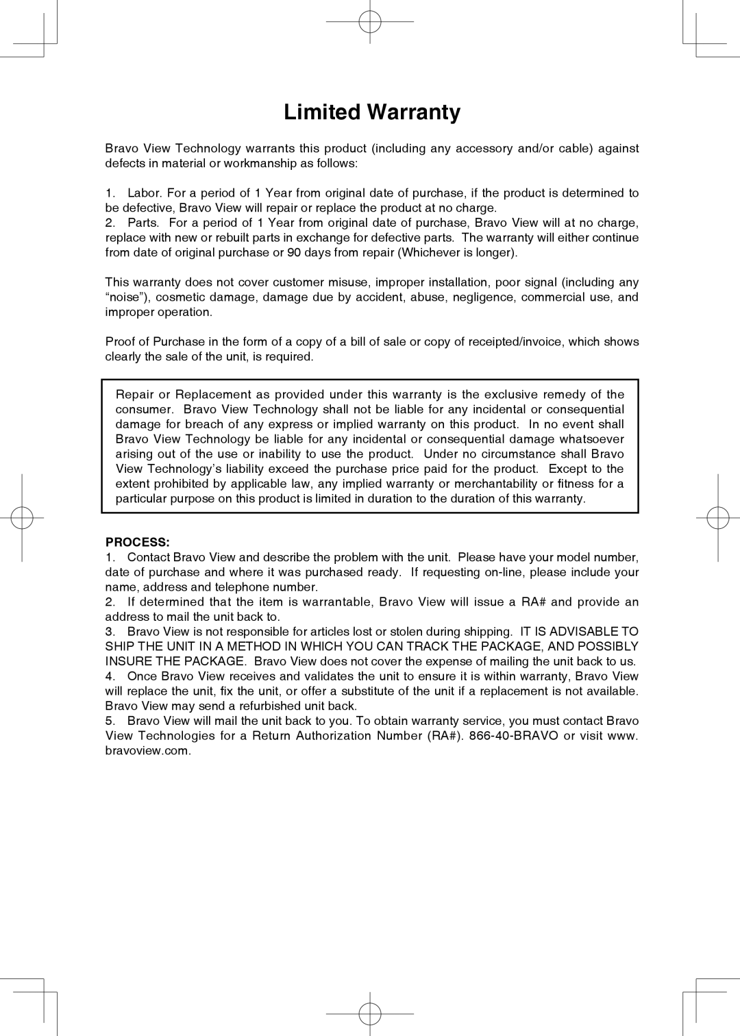 Bravo View IND-5000BT user manual Limited Warranty 