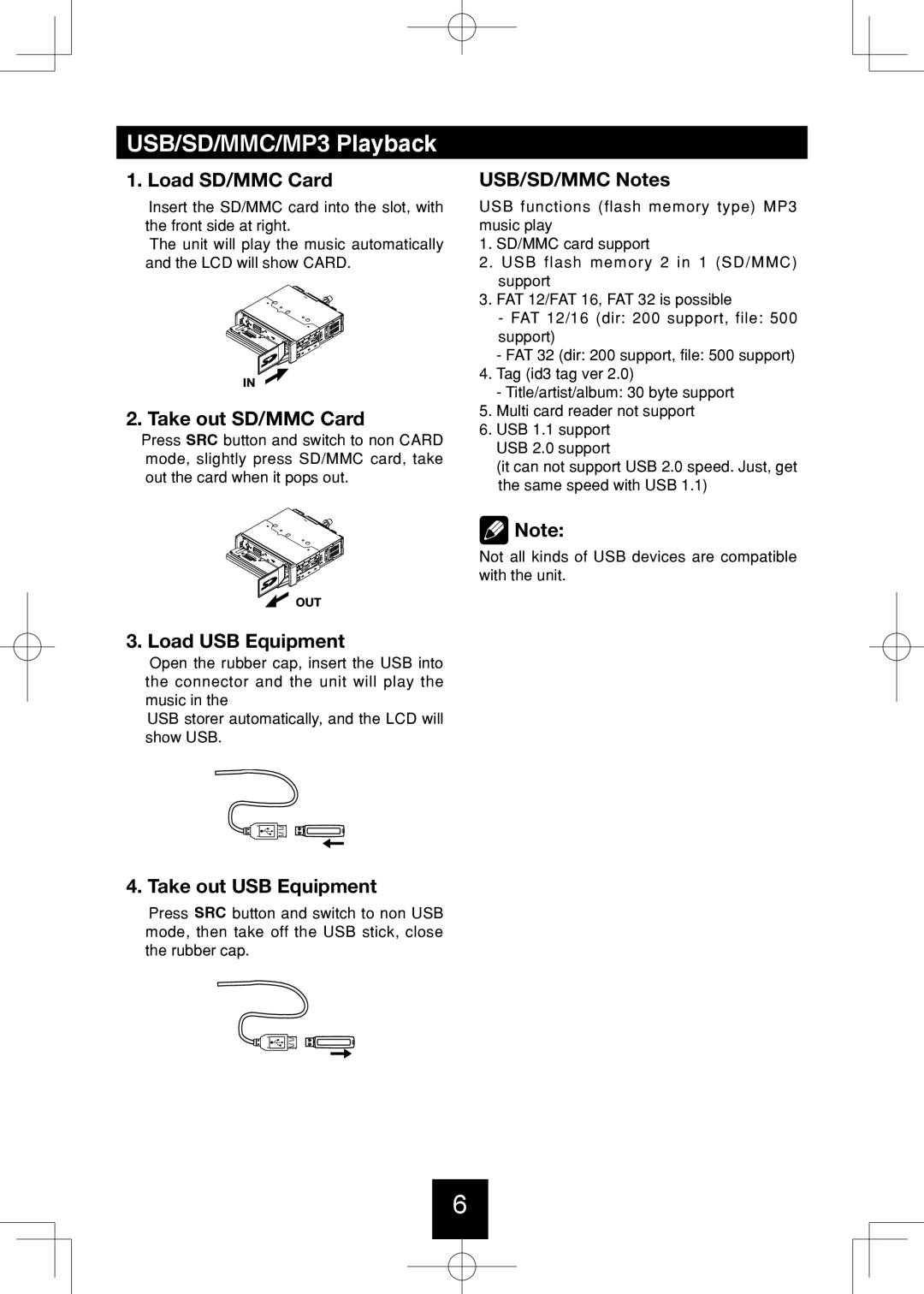 Bravo View IND-5000BT user manual USB/SD/MMC/MP3 Playback 