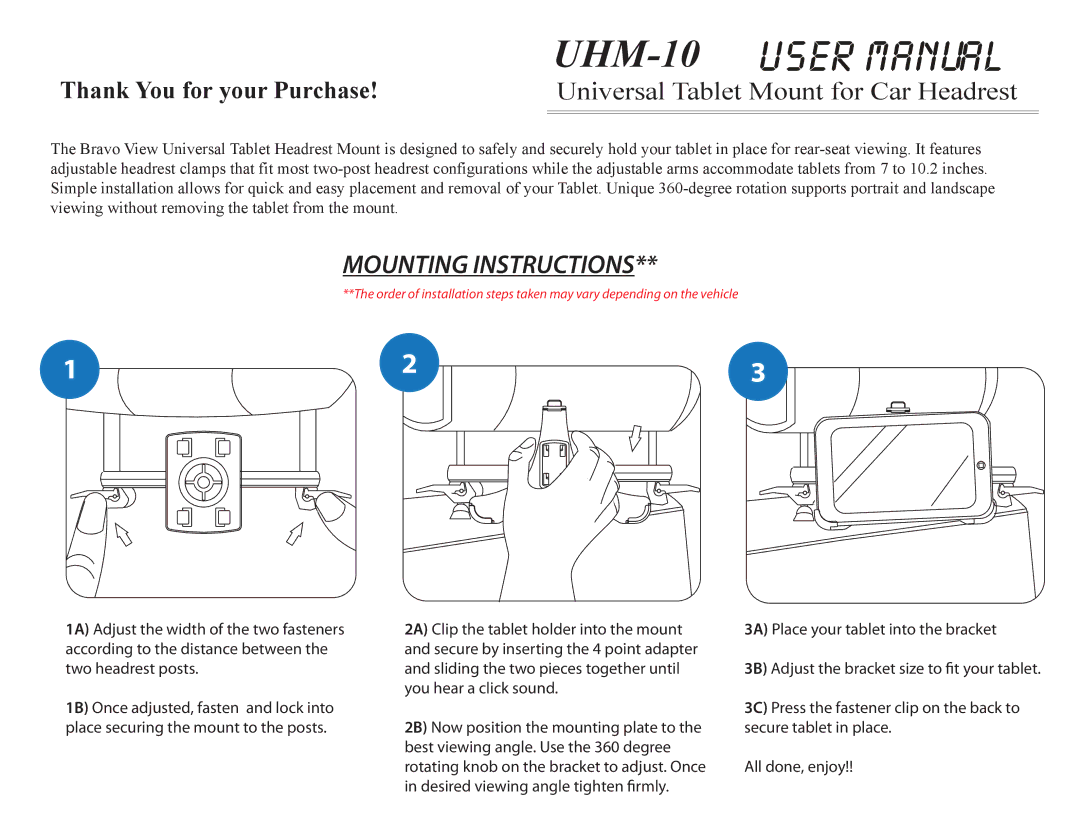 Bravo View UHM10 manual UHM-10, Mounting Instructions, Thank You for your Purchase 