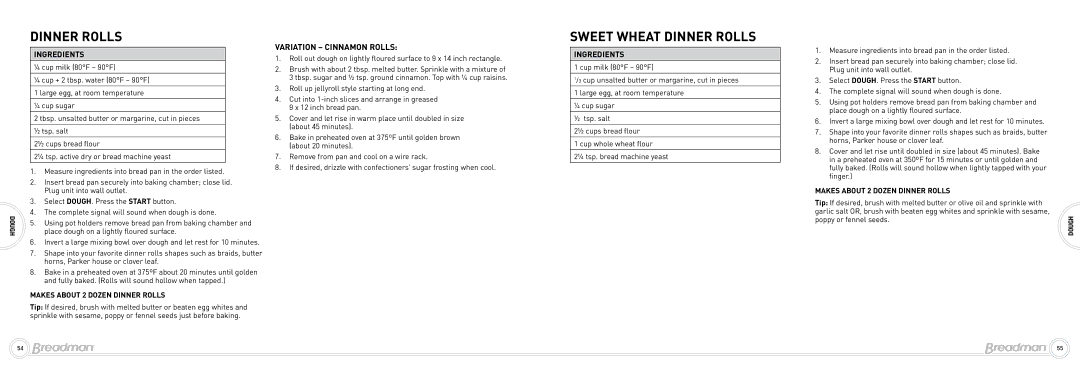 Breadman Bead Maker manual Sweet Wheat Dinner Rolls 