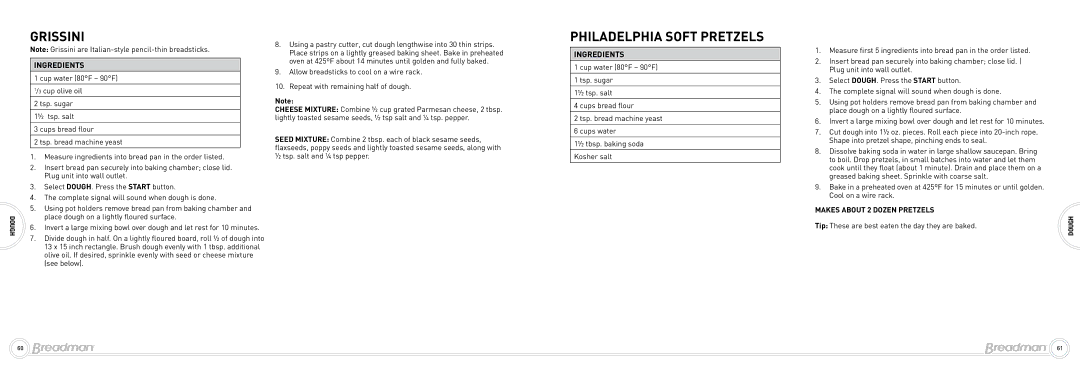 Breadman Bead Maker manual Grissini, Philadelphia Soft Pretzels 