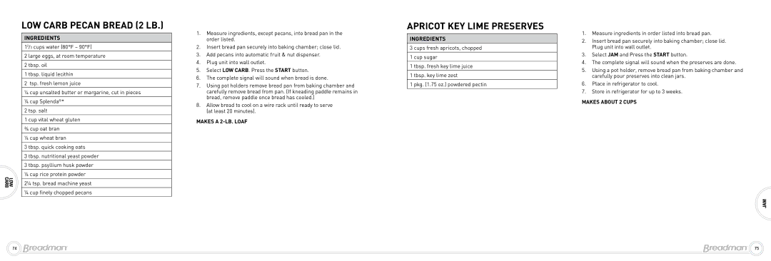 Breadman Bead Maker manual LOW Carb Pecan Bread 2 LB, Apricot KEY Lime Preserves 