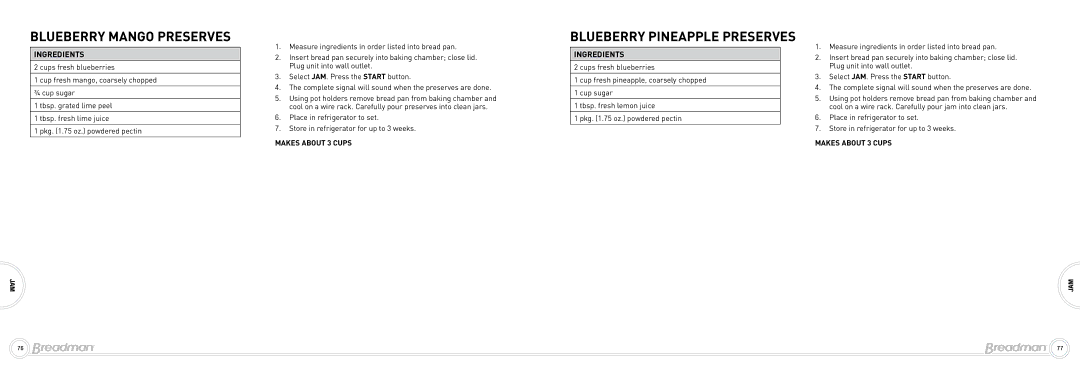 Breadman Bead Maker manual Blueberry Mango Preserves, Blueberry Pineapple Preserves 