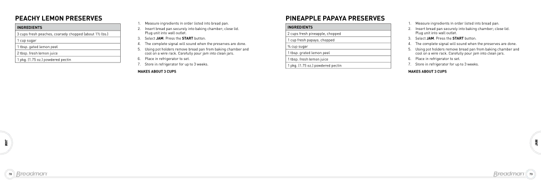 Breadman Bead Maker manual Peachy Lemon Preserves, Pineapple Papaya Preserves 