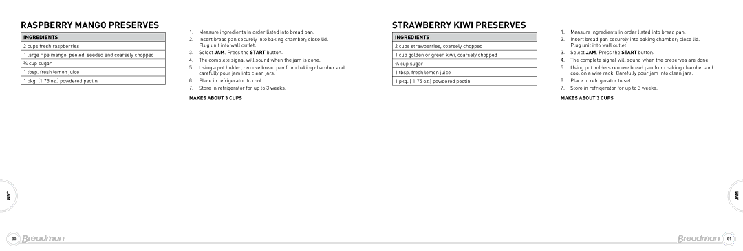 Breadman Bead Maker manual Raspberry Mango Preserves, Strawberry Kiwi Preserves 