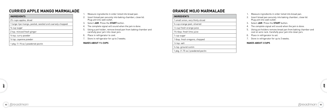 Breadman Bead Maker manual Curried Apple Mango Marmalade, Orange Mojo Marmalade 