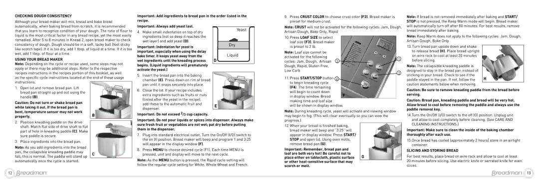 Breadman Professional Bread Maker, BK1050S, BK1060S instruction manual Yeast Dry Liquid, Slicing and Storing Bread 