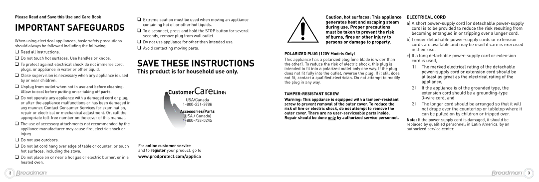 Breadman BK2000BQ, Bread Maker instruction manual Please Read and Save this Use and Care Book, TAMPER-RESISTANT Screw 