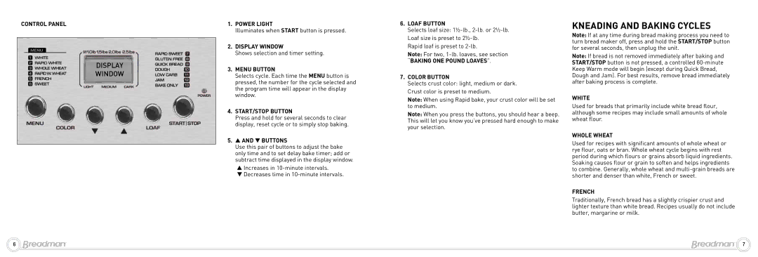 Breadman Bread Maker, BK2000BQ instruction manual Kneading and Baking Cycles, Control Panel, Buttons 