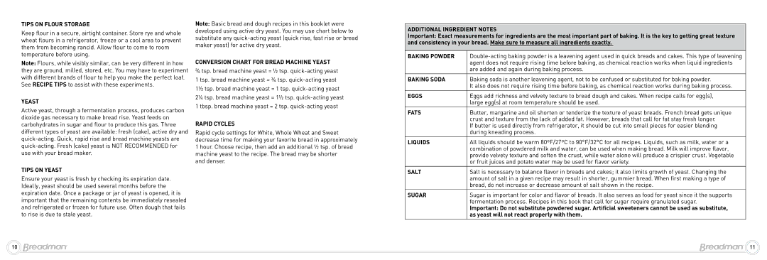 Breadman Bread Maker, BK2000BQ instruction manual Additional Ingredient Notes 