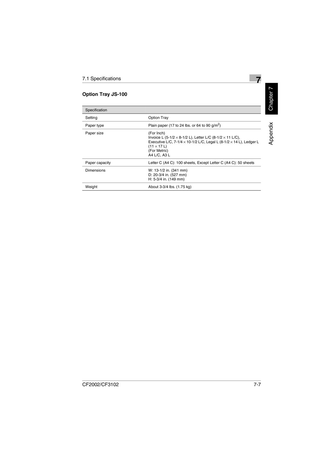 Breadman CF3102, CF2002 user manual Specifications Option Tray JS-100 