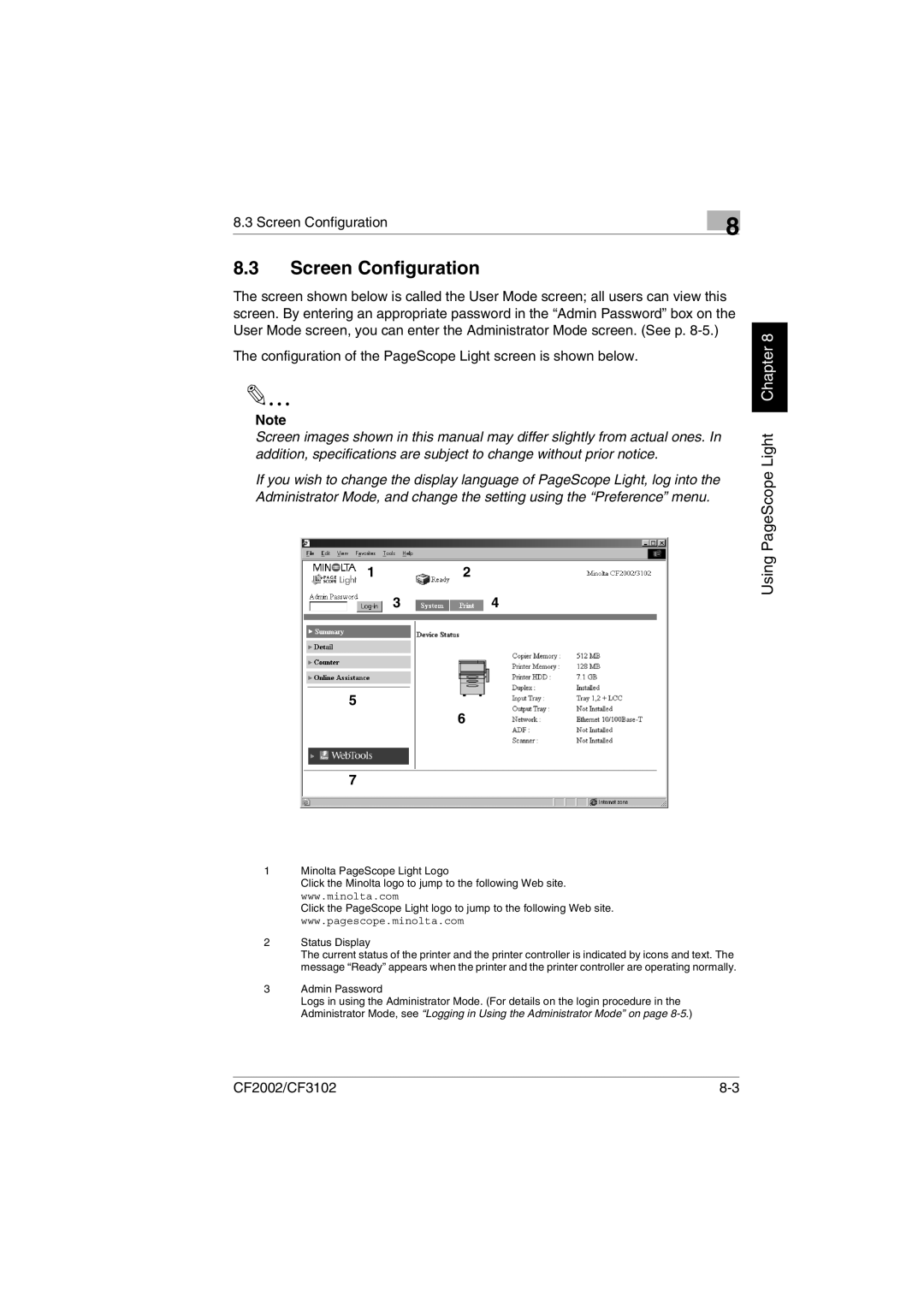 Breadman CF3102, CF2002 user manual Screen Configuration, Configuration of the PageScope Light screen is shown below 