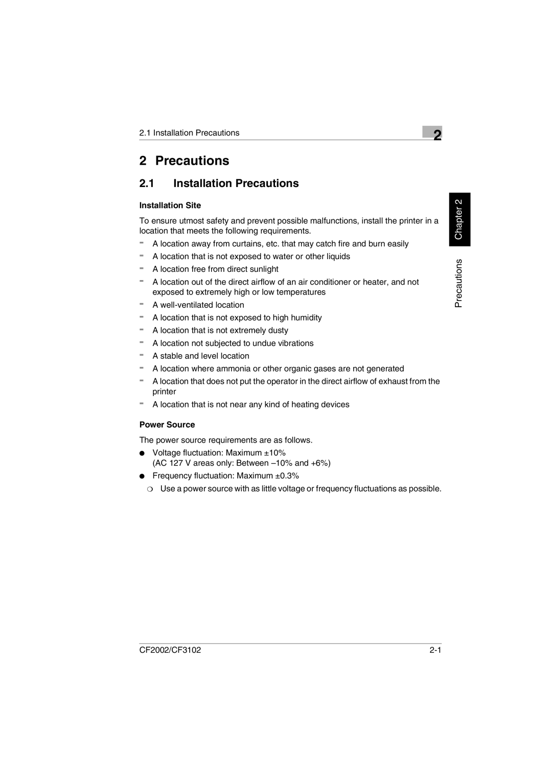 Breadman CF3102, CF2002 user manual Installation Precautions, Installation Site, Power Source 