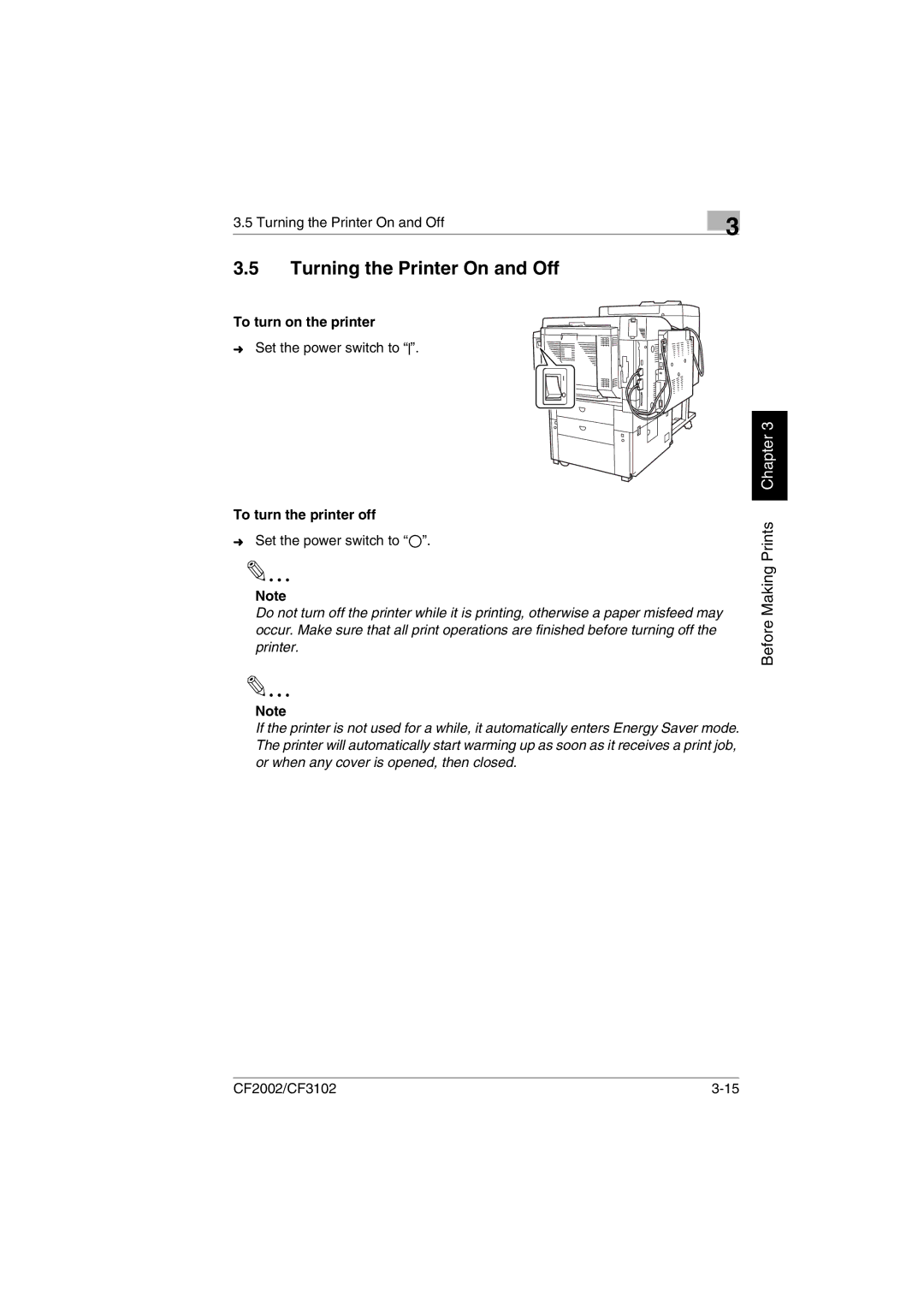 Breadman CF3102 Turning the Printer On and Off, To turn on the printer, Set the power switch to, To turn the printer off 