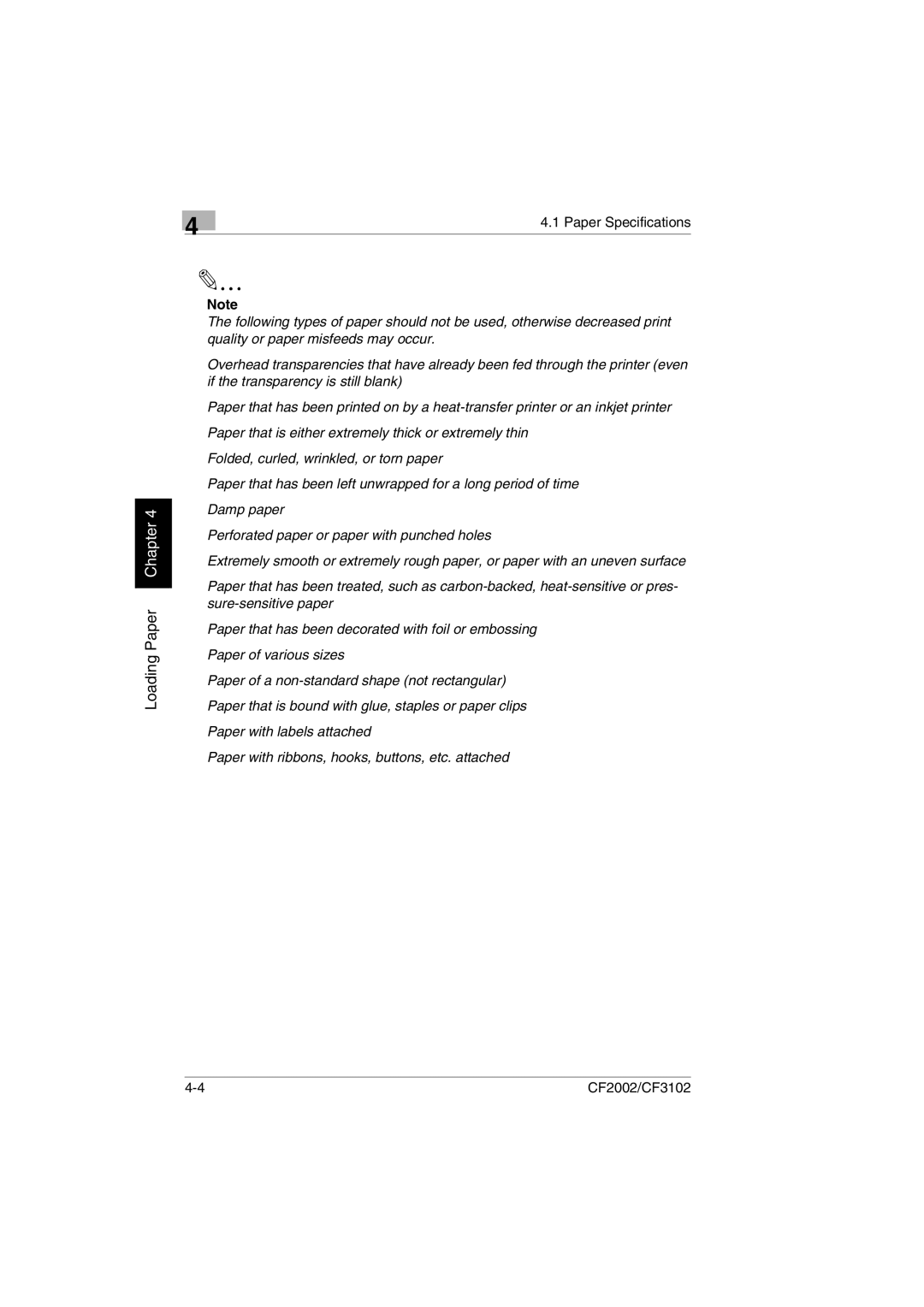 Breadman CF2002, CF3102 user manual Loading Paper Chapter 