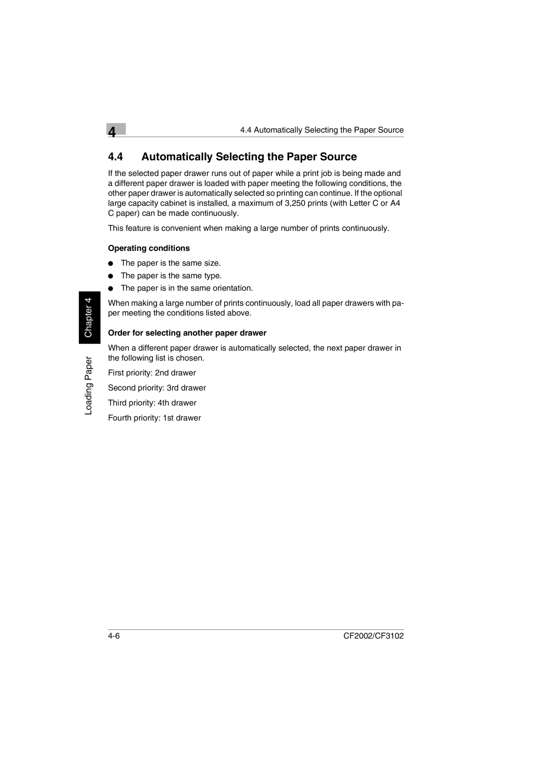 Breadman CF2002 Automatically Selecting the Paper Source, Operating conditions, Order for selecting another paper drawer 