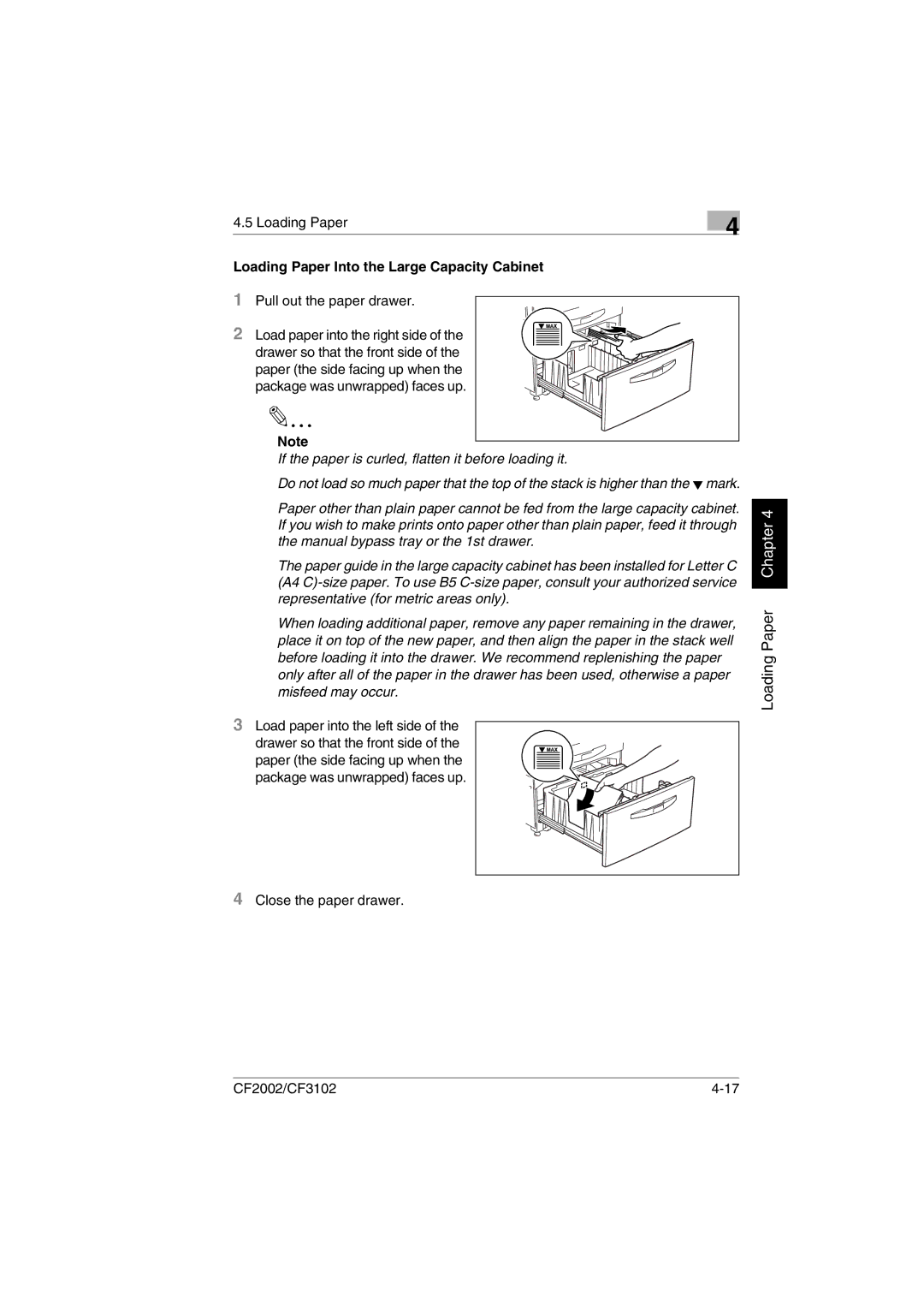 Breadman CF3102 Loading Paper Into the Large Capacity Cabinet, Pull out the paper drawer, Load paper into the left side 