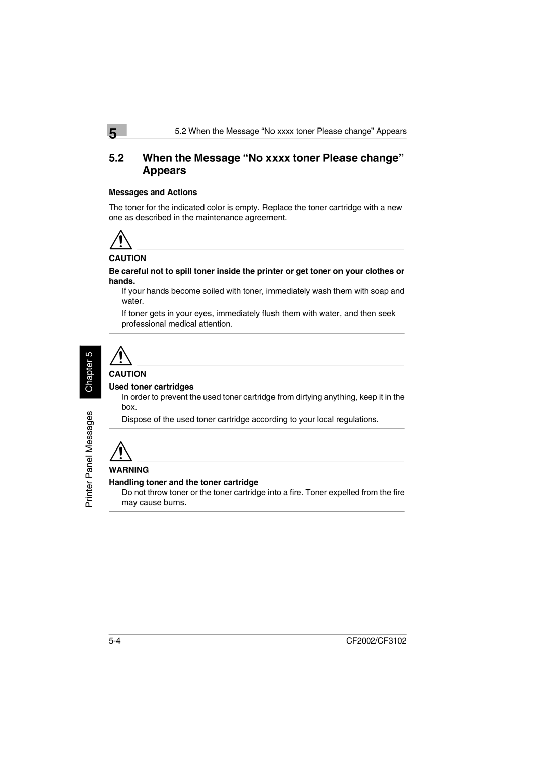 Breadman CF2002, CF3102 When the Message No xxxx toner Please change Appears, Messages and Actions, Used toner cartridges 