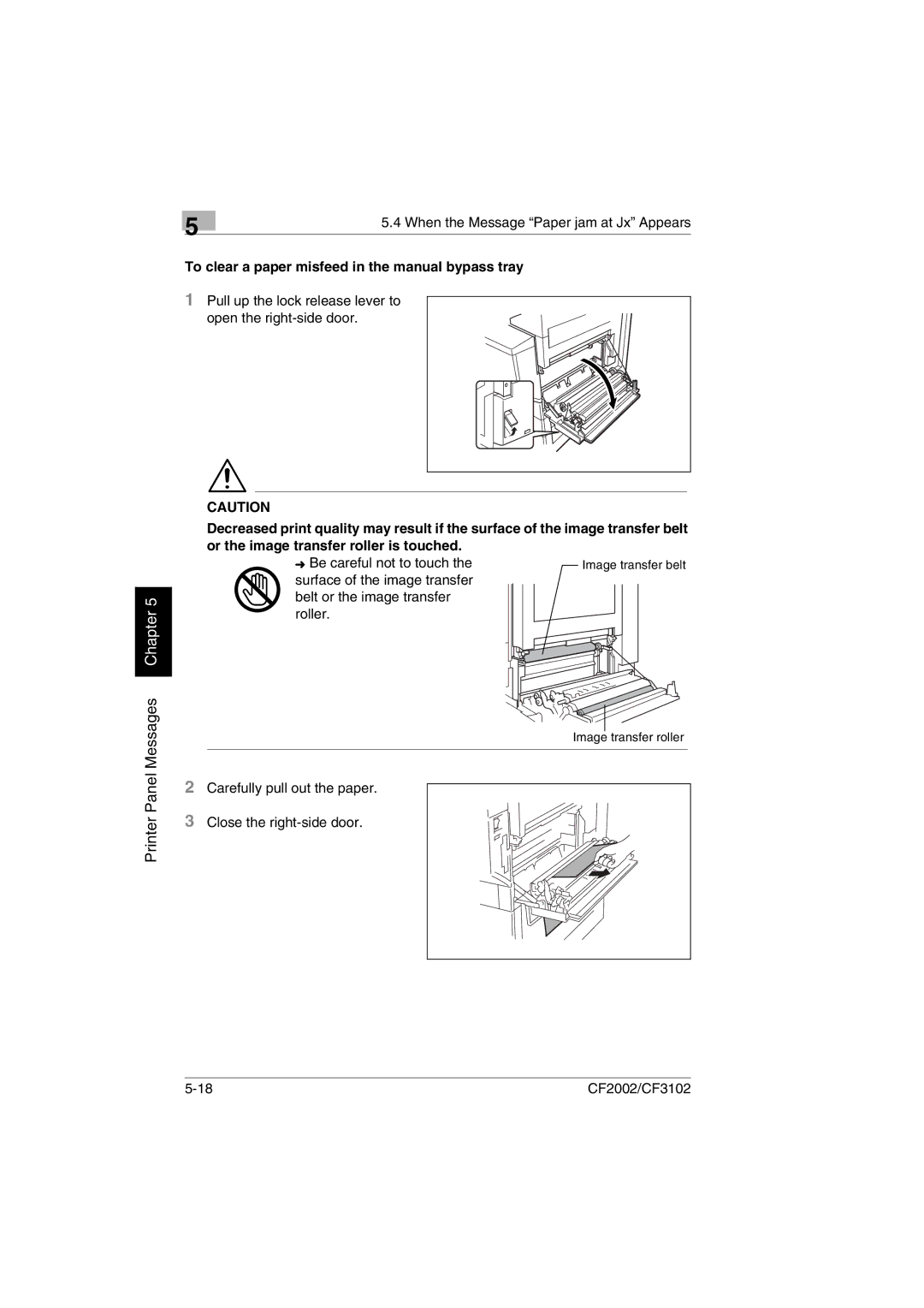 Breadman CF2002, CF3102 user manual To clear a paper misfeed in the manual bypass tray, Be careful not to touch 