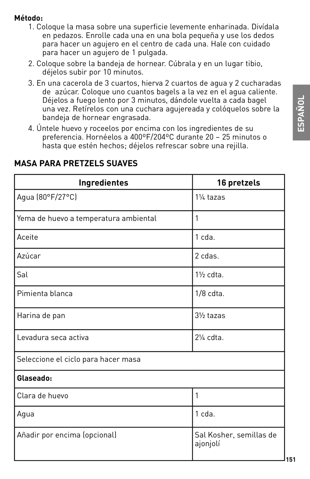 Breadman Bring Home the Bakery, TR2500BC manual Masa Para Pretzels Suaves, Ingredientes Pretzels 