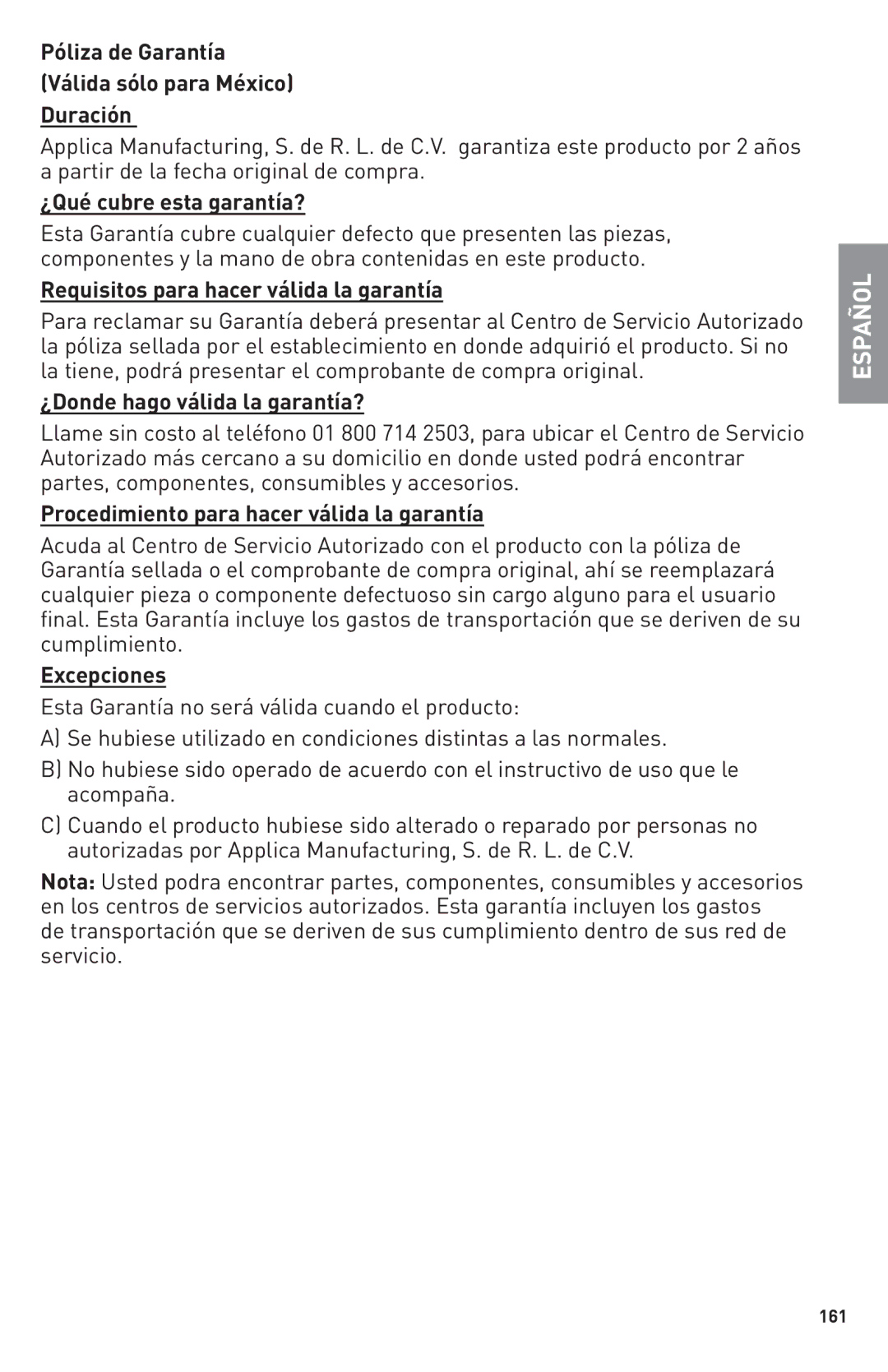 Breadman Bring Home the Bakery, TR2500BC manual Requisitos para hacer válida la garantía, 161 