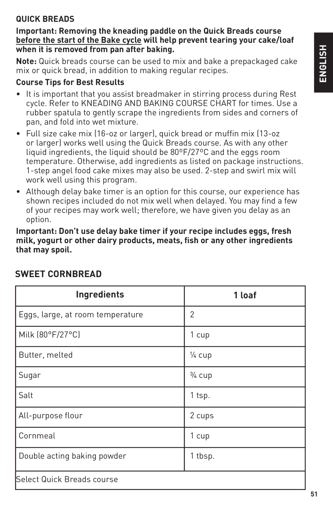 Breadman Bring Home the Bakery, TR2500BC manual Sweet Cornbread, Ingredients Loaf, Quick Breads 