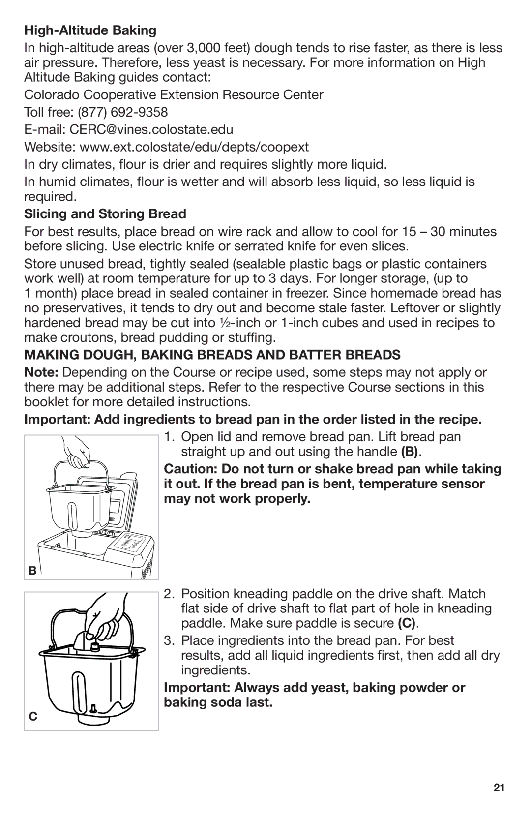 Breadman Stainless Steel Convection Bread Maker, TR2700 manual High-Altitude Baking, Slicing and Storing Bread 