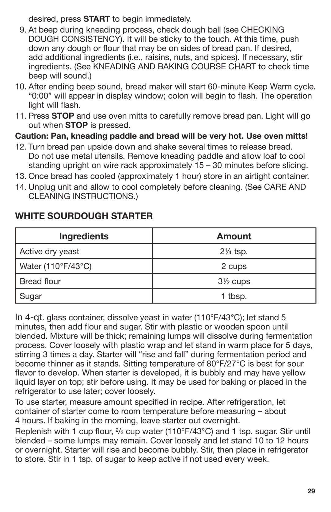 Breadman Stainless Steel Convection Bread Maker, TR2700 manual White Sourdough Starter, Ingredients Amount 