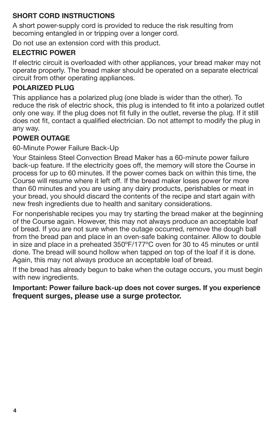 Breadman TR2700 Frequent surges, please use a surge protector, Short Cord Instructions, Electric Power, Polarized Plug 