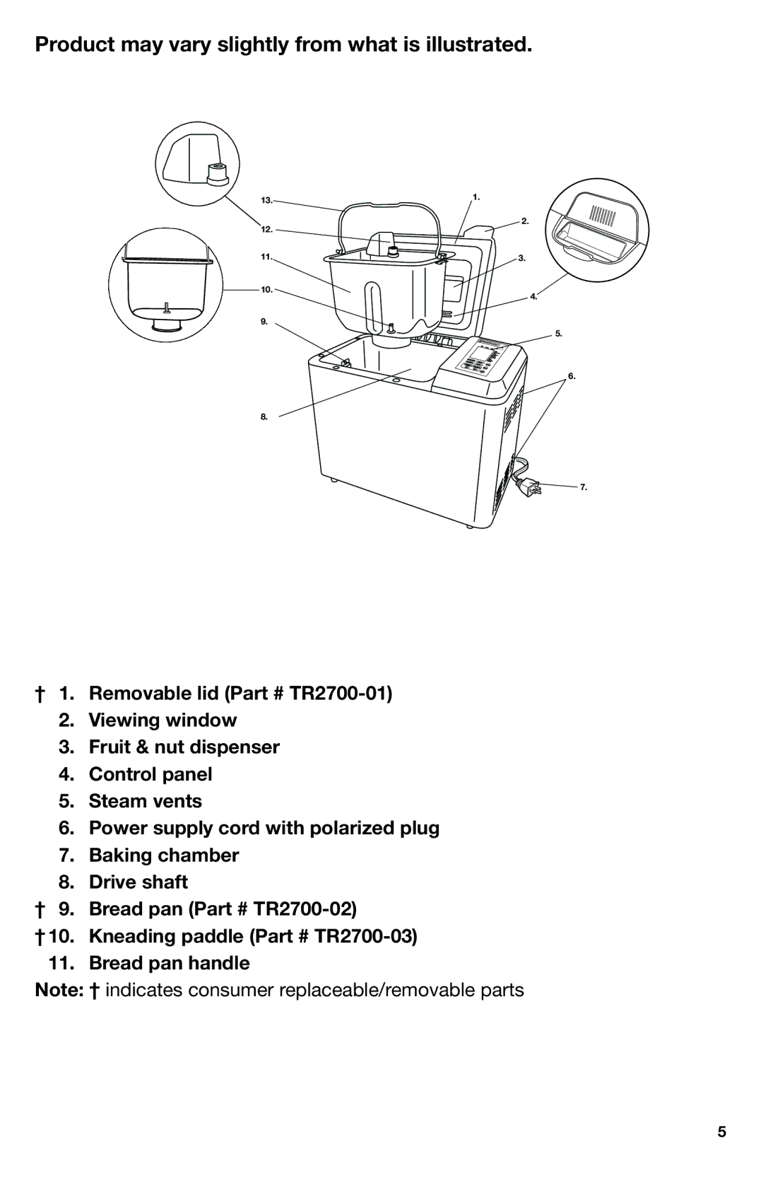 Breadman Stainless Steel Convection Bread Maker, TR2700 manual Product may vary slightly from what is illustrated 